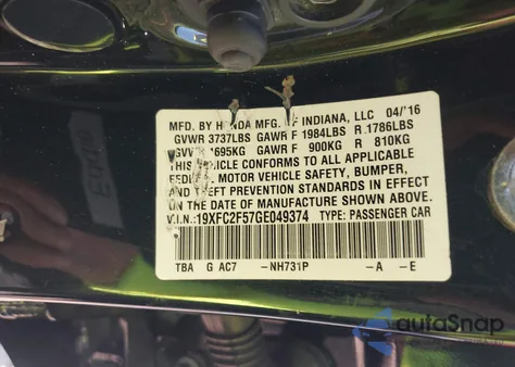 2016 Honda Civic Lx from USA, damaged, VIN 19XFC2F57GE049374